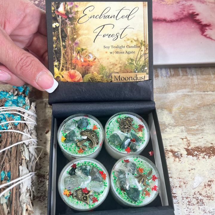 Enchanted Forest Soy Tealights with Moss Agate-The Gaia Healing Stone