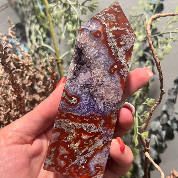 Red Moss Agate and Amethyst Tower