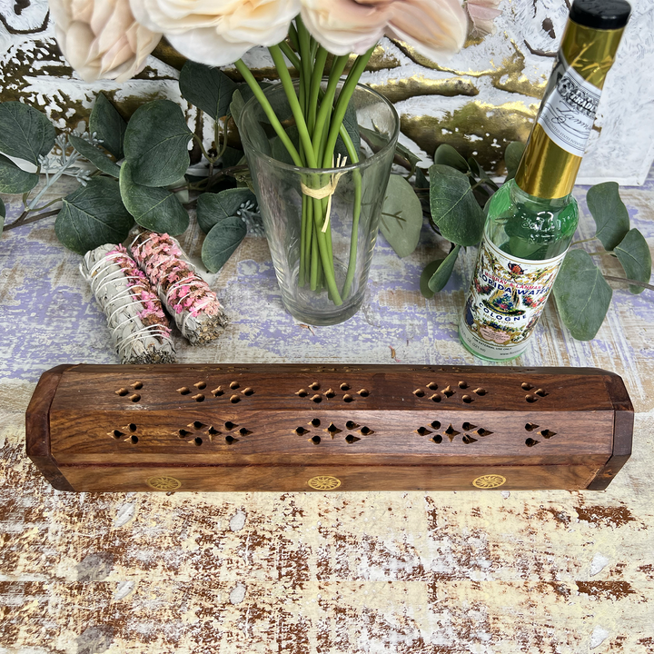 Wooden Coffin Box Stick and Cone Incense Holder with Etched Suns-The Gaia Healing Stone