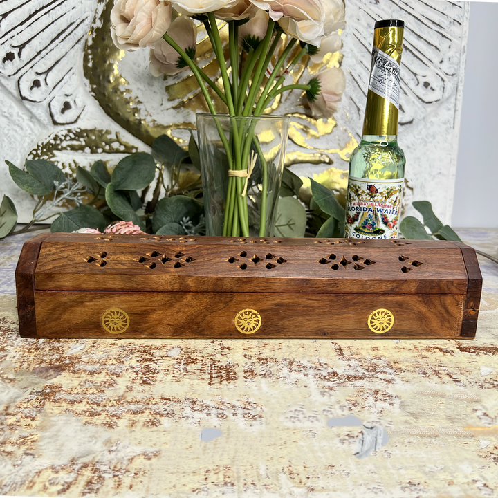 Wooden Coffin Box Stick and Cone Incense Holder with Etched Suns-The Gaia Healing Stone