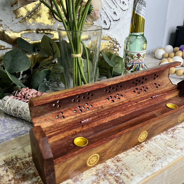 Wooden Coffin Box Stick and Cone Incense Holder with Etched Suns
