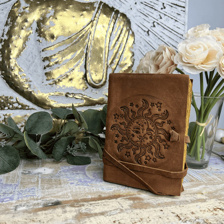 Sun & Moon Leather Journal, Notebook, Sketchbook-The Gaia Healing Stone