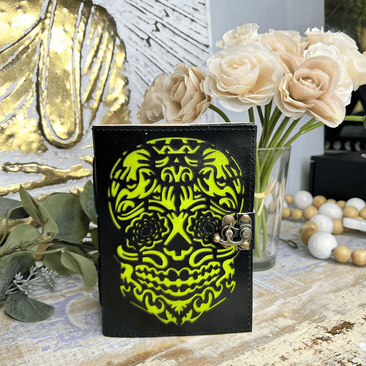 Green Skull Cutout on Black Leather Journal, Notebook-The Gaia Healing Stone