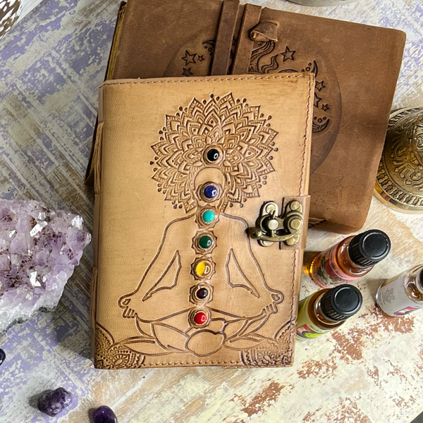 7 Chakra Crystal Leather Journal Embellished with 7 Crystals