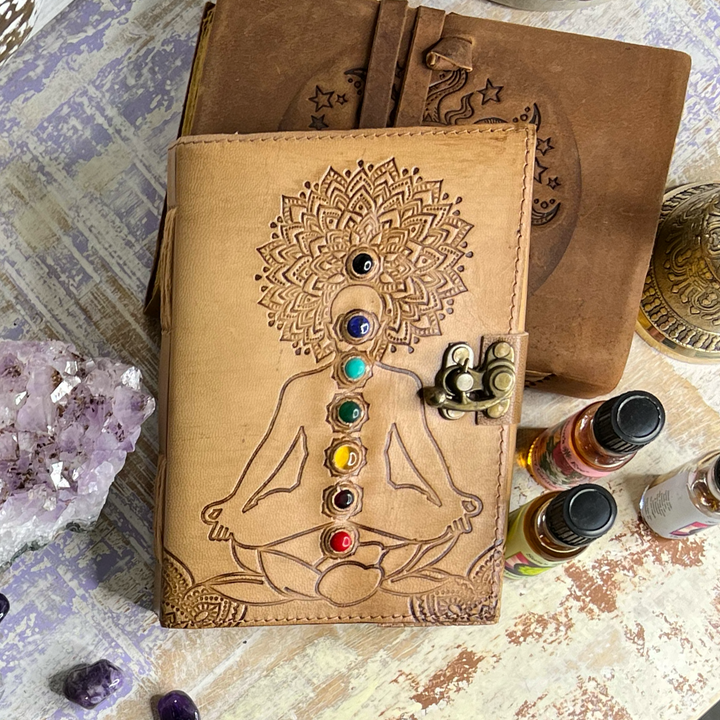 7 Chakra Crystal Leather Journal Embellished with 7 Crystals-The Gaia Healing Stone