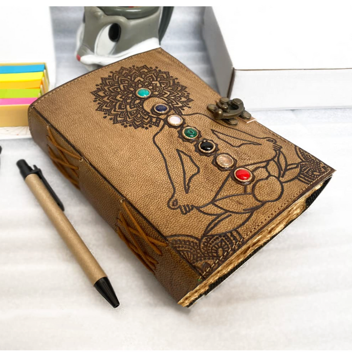 7 Chakra Crystal Leather Journal Embellished with 7 Crystals-The Gaia Healing Stone