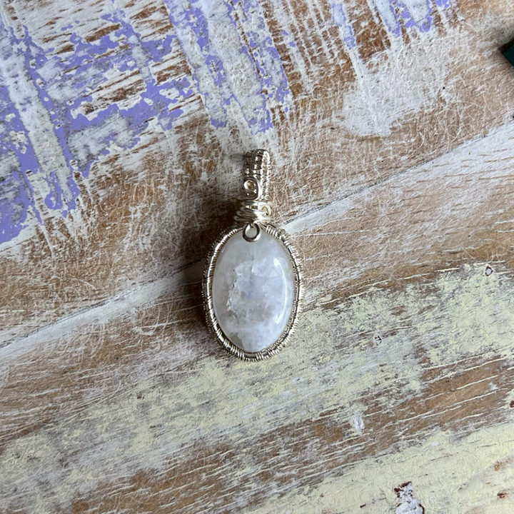 Moonstone Oval Wire Wrapped Quartz Pendant Necklace-The Gaia Healing Stone