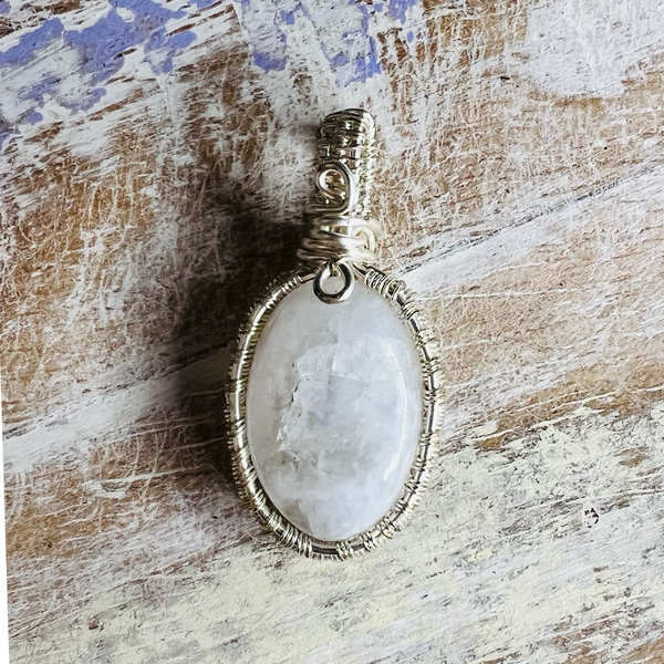 Moonstone Oval Wire Wrapped Quartz Pendant Necklace