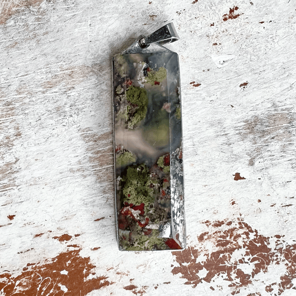 Green Moss Agate Pendant Necklace - Long Rectangle