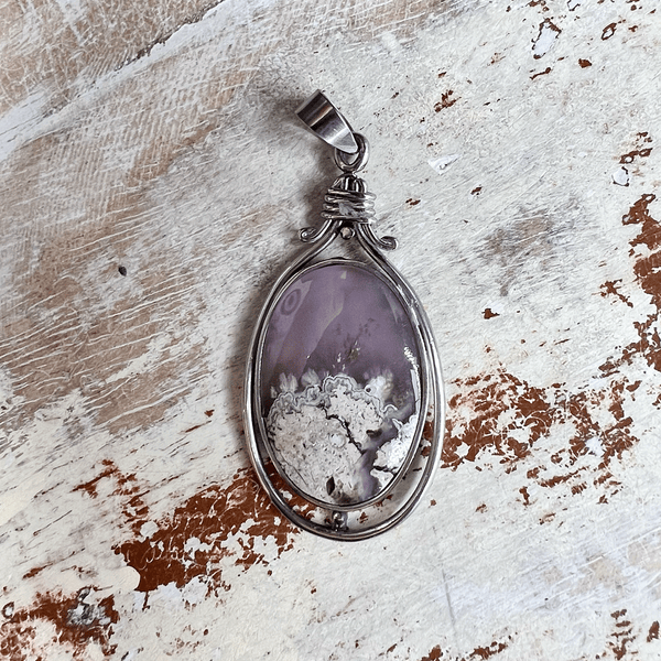 Natural Moss Agate Gemstone Pendant Necklace in an Oval Wire Wrapped Setting