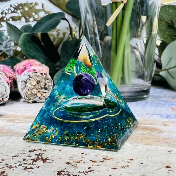Orgonite Pyramid with a Floating Obsidian Sphere