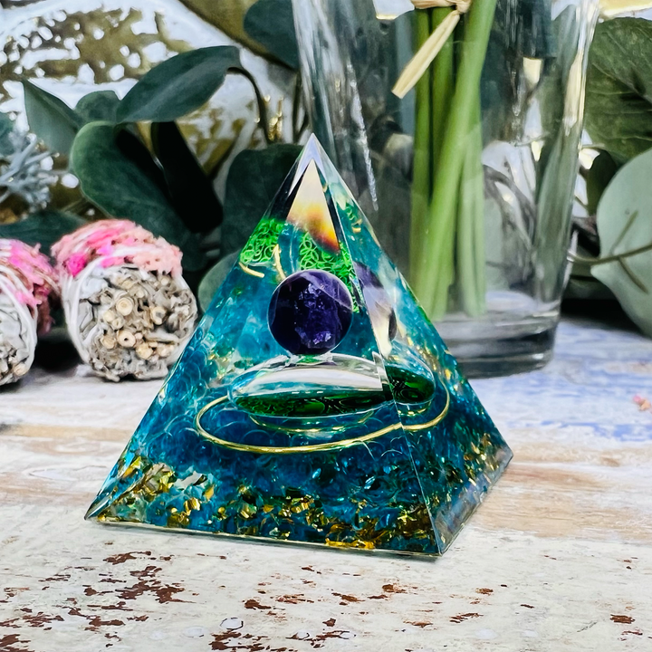 Orgonite Pyramid with a Floating Obsidian Sphere-The Gaia Healing Stone