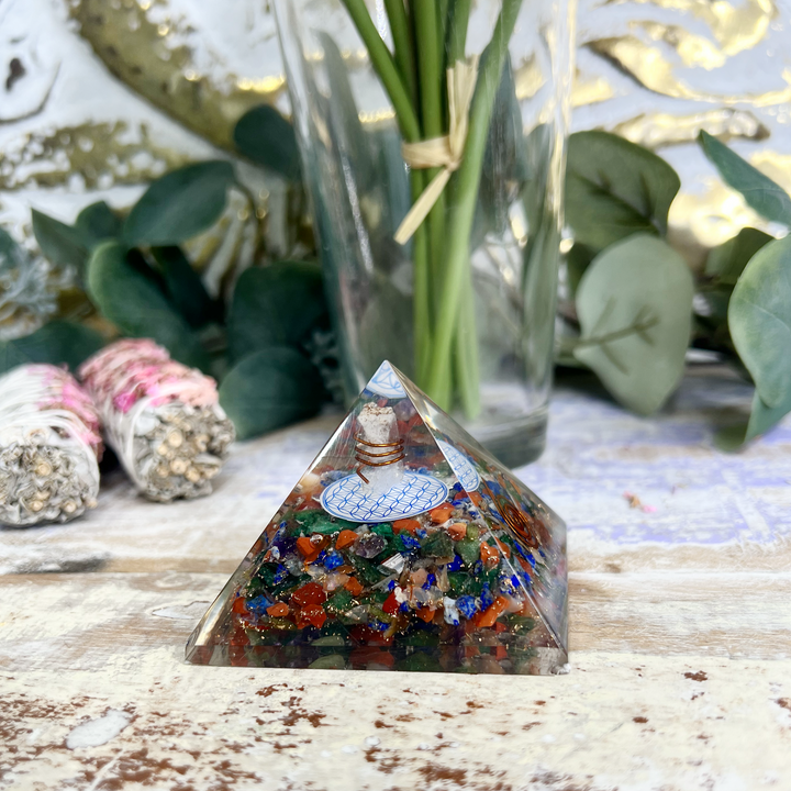 Flower of Life Multi-Color Orgonite Pyramid-The Gaia Healing Stone