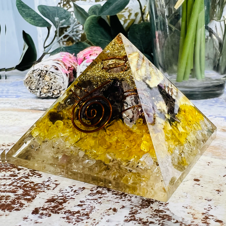 Cosmic Force Yellow & Gold Orgonite Pyramid-The Gaia Healing Stone