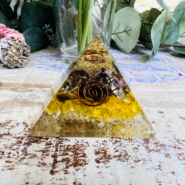 Cosmic Force Yellow & Gold Orgonite Pyramid-The Gaia Healing Stone