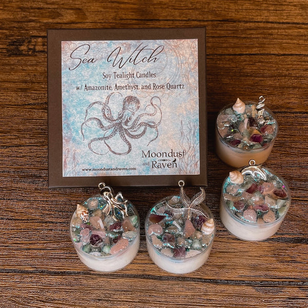 Sea Witch Tealight Candles Amazonite, Amethyst and Rose Quartz