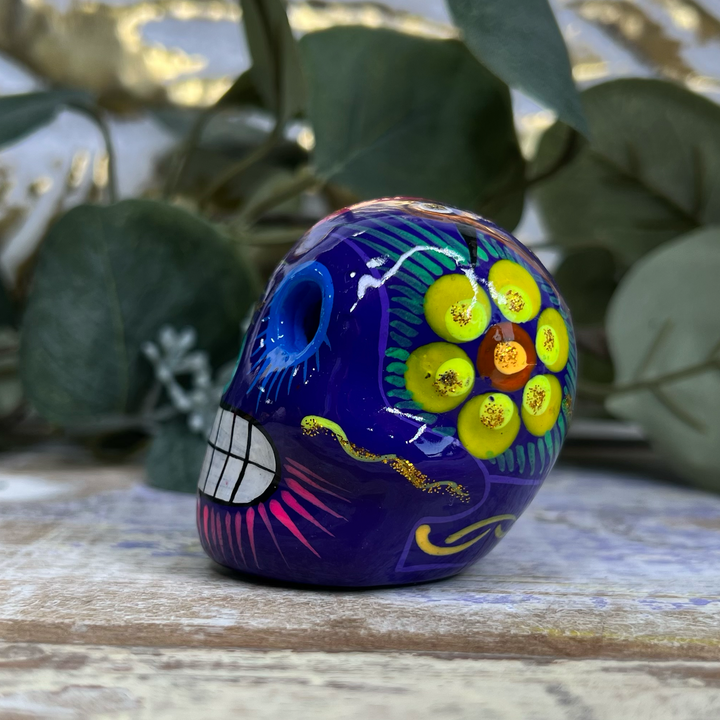 Blue Sugar Skull with Yellow Flower and Pink Accents-The Gaia Healing Stone