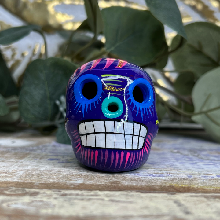 Blue Sugar Skull with Yellow Flower and Pink Accents-The Gaia Healing Stone