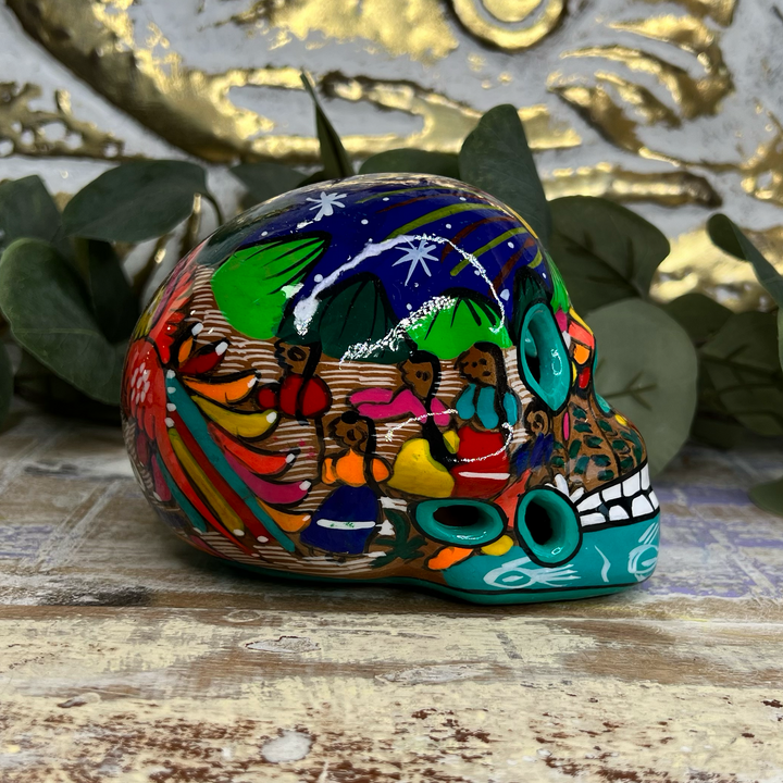 Sugar Skull with a Family Celebrating in Green, Yellow & Red-The Gaia Healing Stone