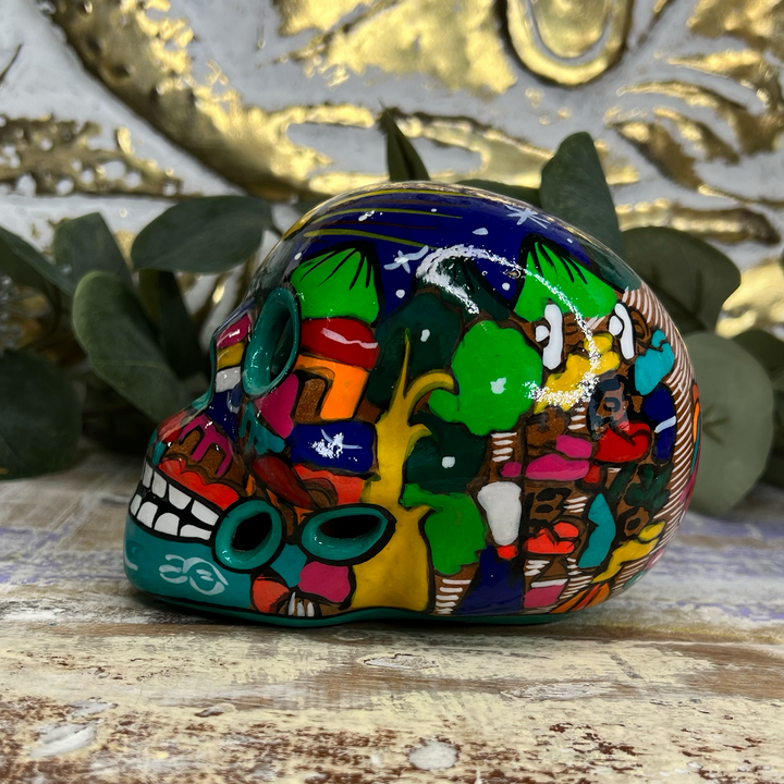 Sugar Skull with a Family Celebrating in Green, Yellow & Red-The Gaia Healing Stone