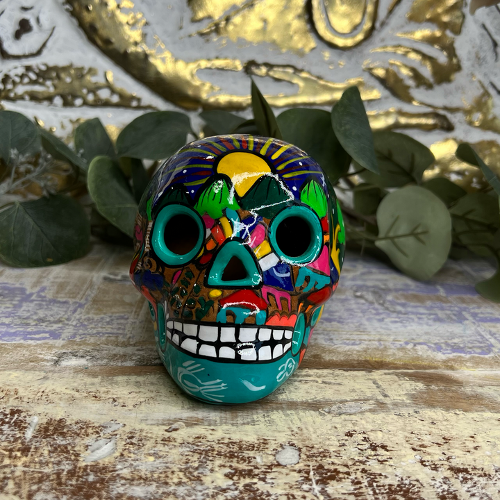 Sugar Skull with a Family Celebrating in Green, Yellow & Red-The Gaia Healing Stone