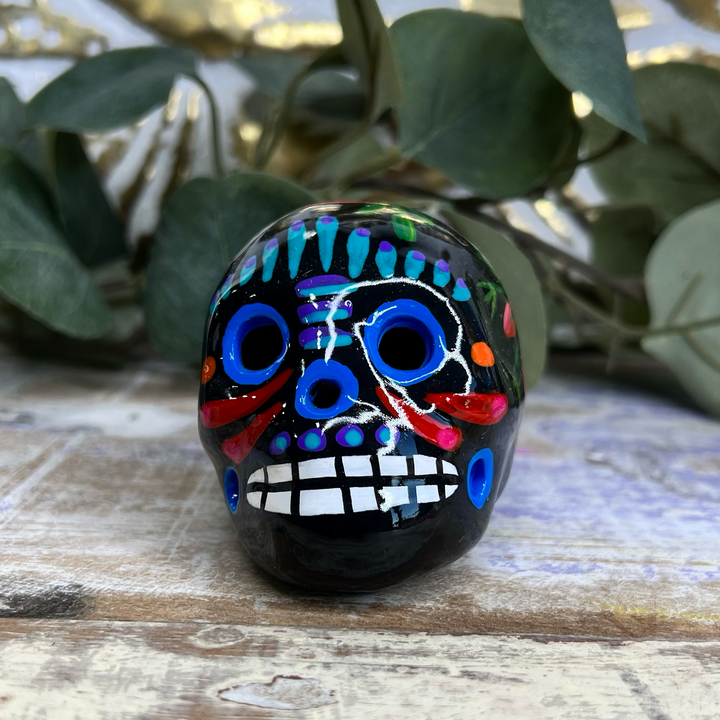 Sugar Skull in Blue, Black and Red Floral Pattern-The Gaia Healing Stone